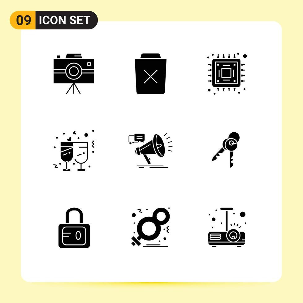 Pack of 9 creative Solid Glyphs of megaphone reception trash marriage champagne Editable Vector Design Elements