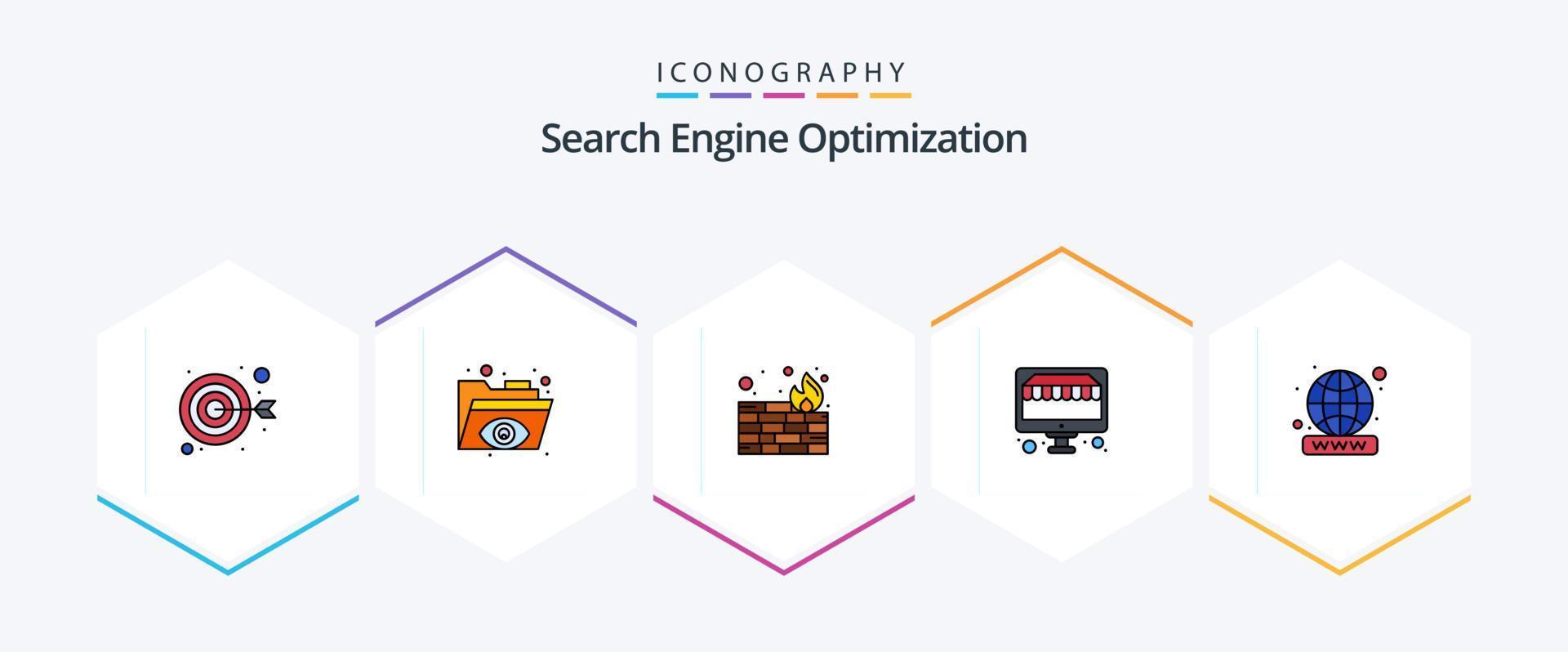 paquete de iconos de línea completa de seo 25 que incluye todo el mundo. Registro de Dominio. cortafuegos dominio. posicionamiento web vector