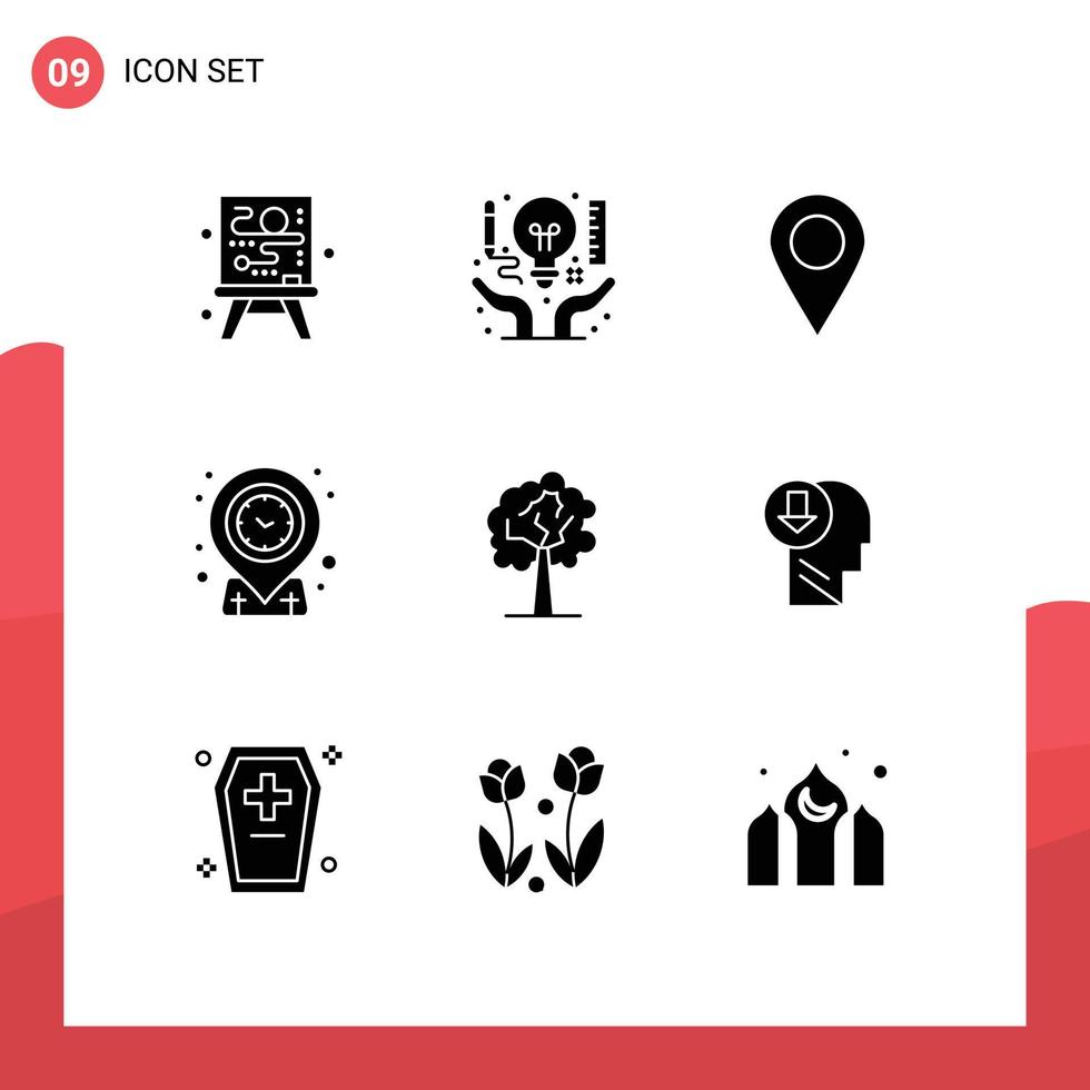 Pictogram Set of 9 Simple Solid Glyphs of growth tree location time location Editable Vector Design Elements