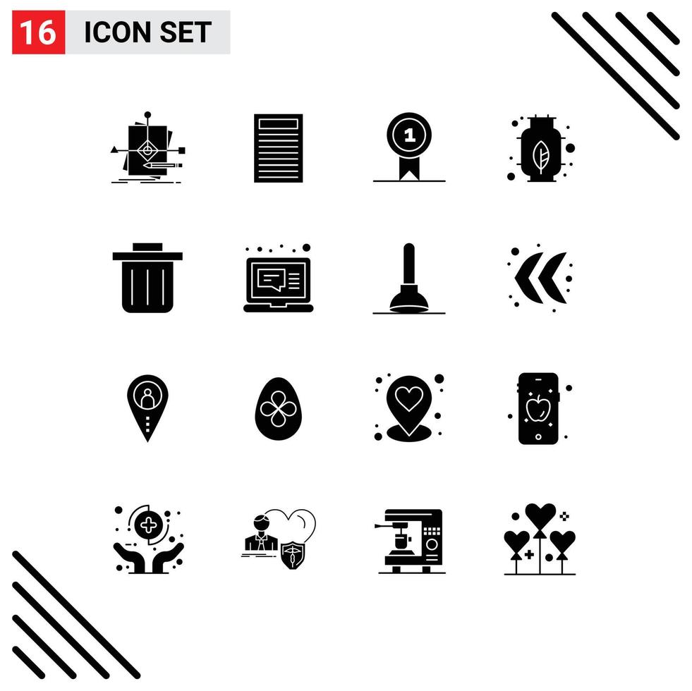 Pack of 16 Modern Solid Glyphs Signs and Symbols for Web Print Media such as computer recycling bin prize power energy Editable Vector Design Elements