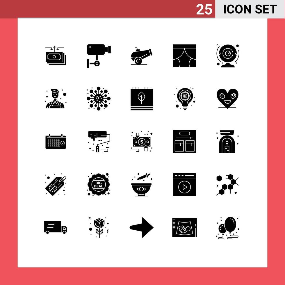 25 User Interface Solid Glyph Pack of modern Signs and Symbols of cam theater surveillance stage curtain Editable Vector Design Elements
