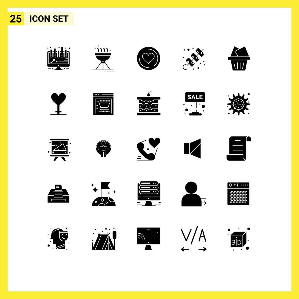 Editable Vector Line Pack of 25 Simple Solid Glyphs of heart mail cd cart meat Editable Vector Design Elements