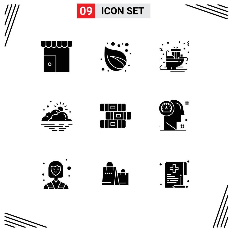 Mobile Interface Solid Glyph Set of 9 Pictograms of sun day tree cloud sled Editable Vector Design Elements