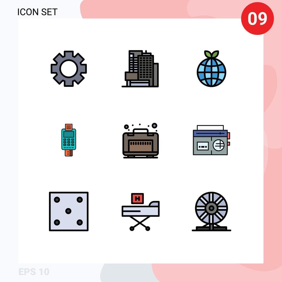 Pack of 9 Modern Filledline Flat Colors Signs and Symbols for Web Print Media such as luggage payment globe credit card machine check Editable Vector Design Elements