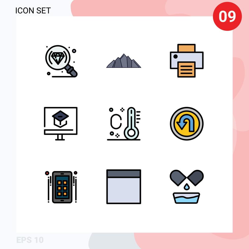 Editable Vector Line Pack of 9 Simple Filledline Flat Colors of summer school printer online knowledge Editable Vector Design Elements