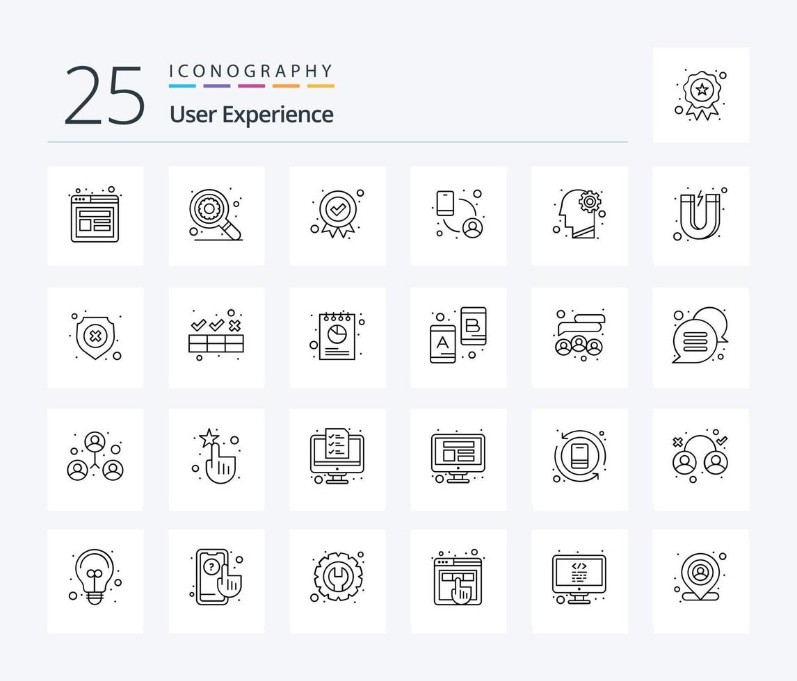 User Experience 25 Line icon pack including gear. social media. award. rotate. connection vector