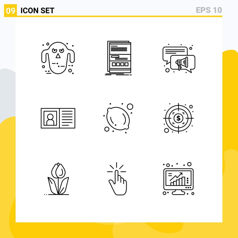 Pack of 9 creative Outlines of fruit info responsive contact us communication Editable Vector Design Elements