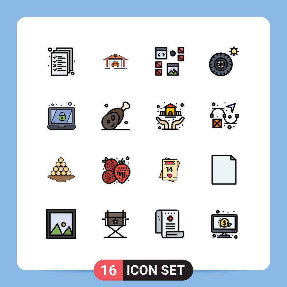conjunto de pictogramas de 16 líneas llenas de colores planos simples de neumáticos de diseño de ruedas de portátiles que programan elementos de diseño de vectores creativos editables