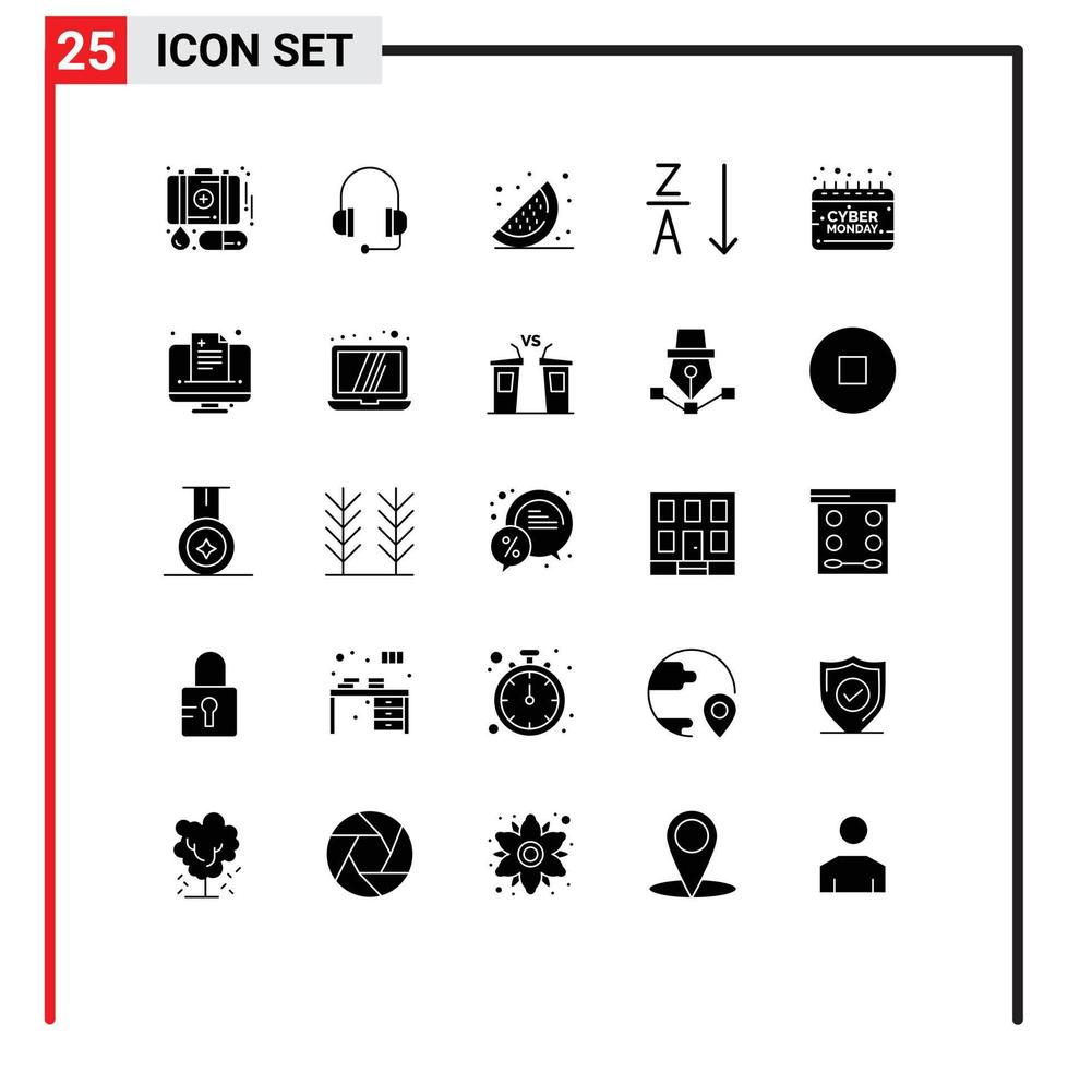 25 Universal Solid Glyphs Set for Web and Mobile Applications sign holding fruits cyber sort Editable Vector Design Elements