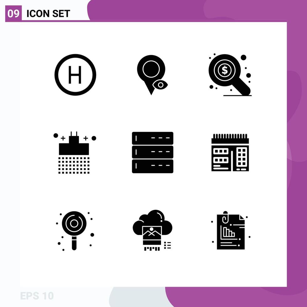 Editable Vector Line Pack of 9 Simple Solid Glyphs of server data search admin shower Editable Vector Design Elements