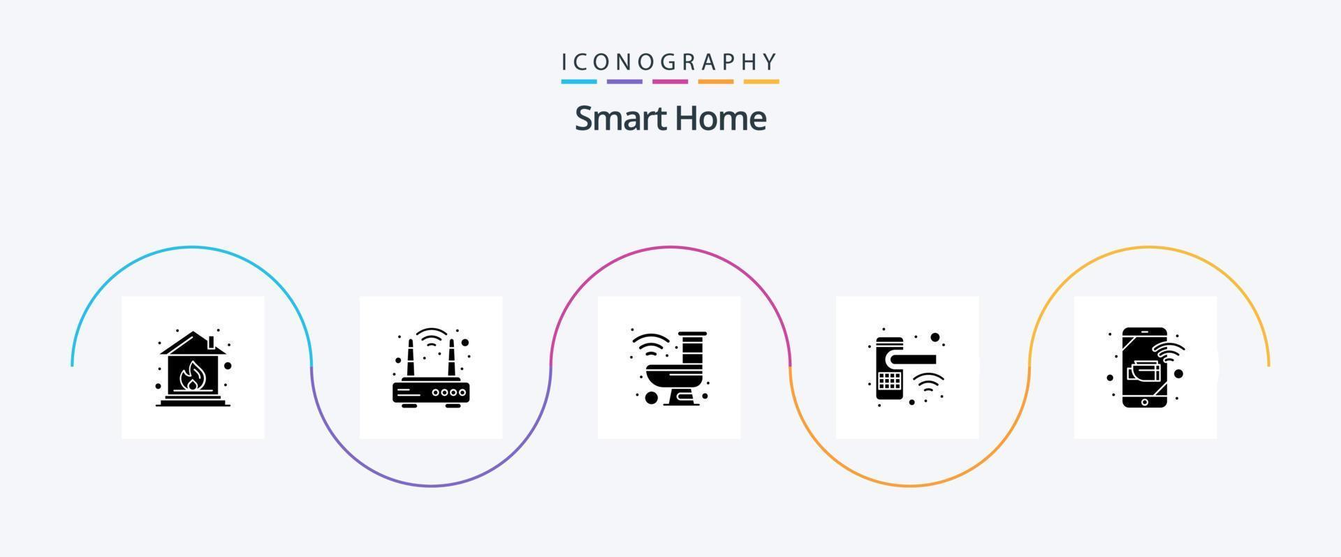 Smart Home Glyph 5 Icon Pack Including mobile. door lock. internet. security. knob vector