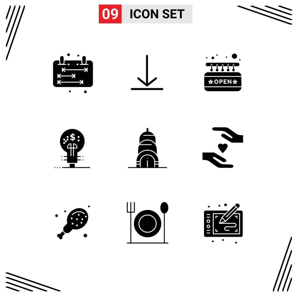 Group of 9 Modern Solid Glyphs Set for usa chrysler open idea finance Editable Vector Design Elements