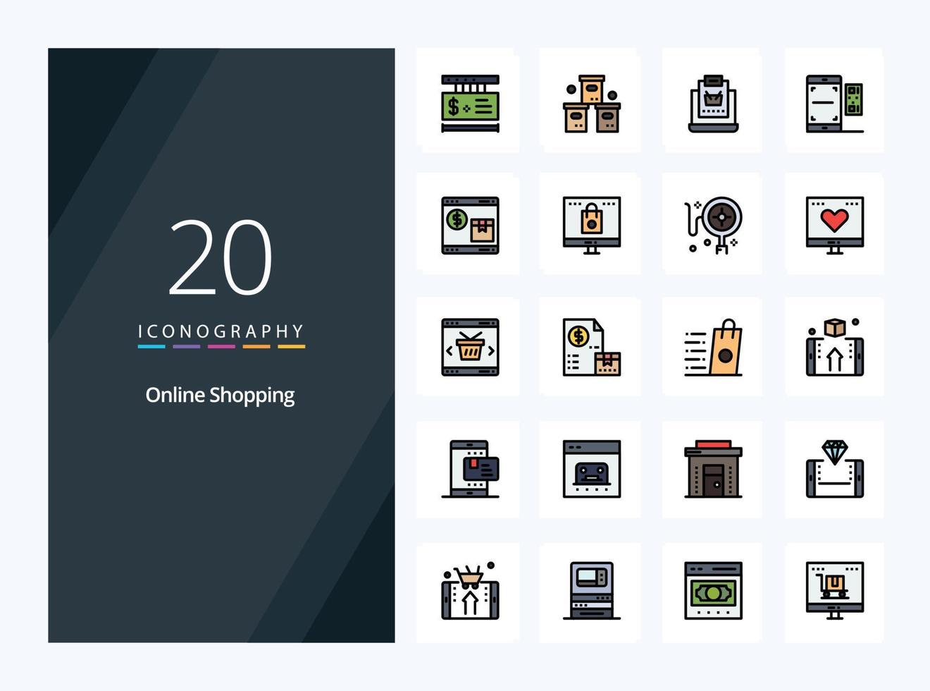 20 icono lleno de línea de compras en línea para presentación vector