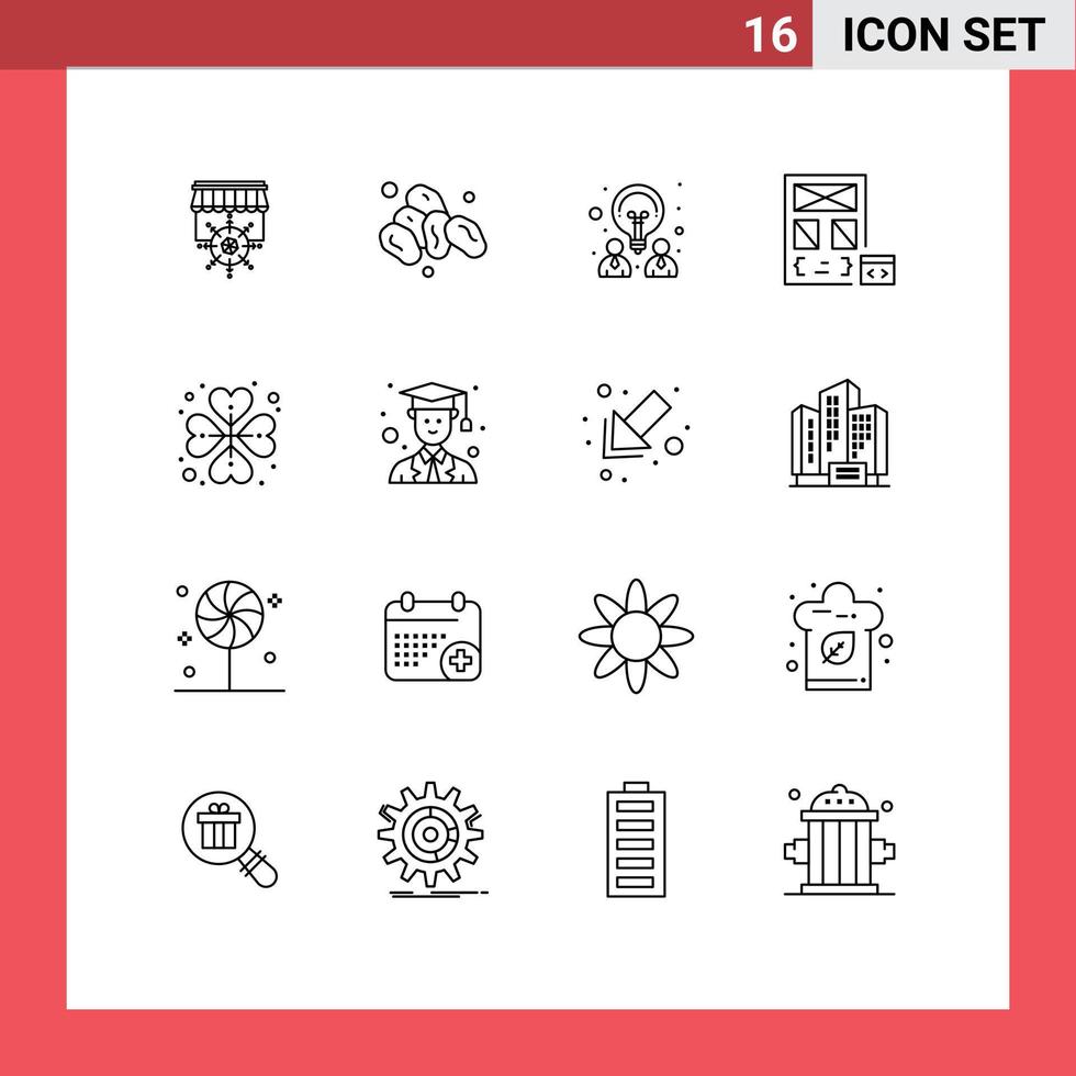 Set of 16 Modern UI Icons Symbols Signs for heart rose page design development coding Editable Vector Design Elements