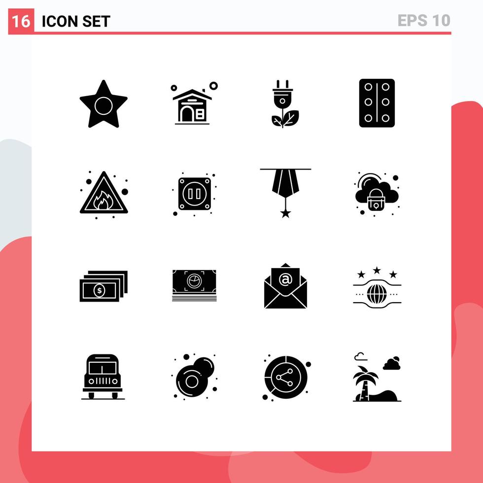 Editable Vector Line Pack of 16 Simple Solid Glyphs of electric risk plug fire tablets Editable Vector Design Elements