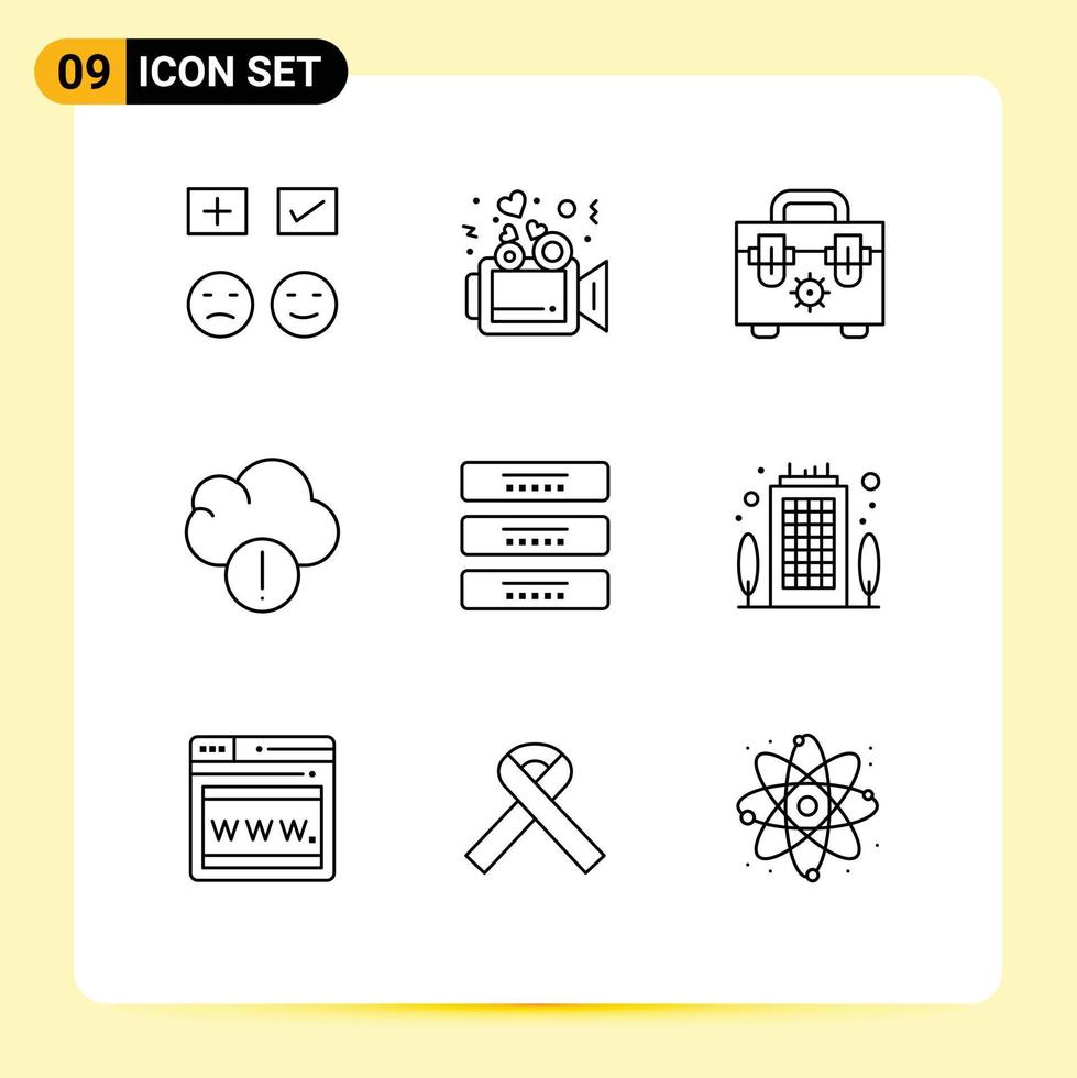 Modern Set of 9 Outlines Pictograph of drawer cabinet wedding data alert Editable Vector Design Elements