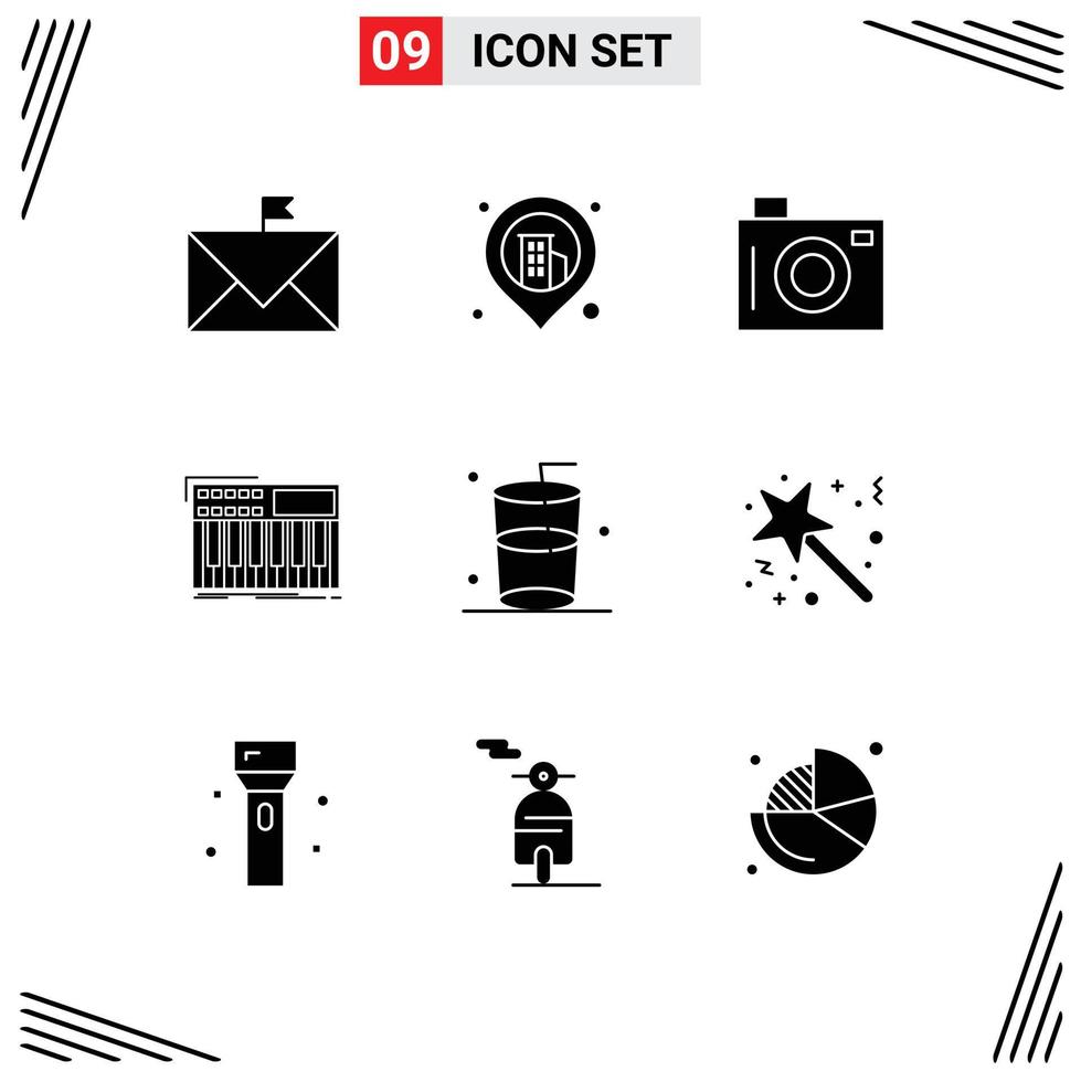 Solid Glyph Pack of 9 Universal Symbols of glass synthesiser camera midi synth Editable Vector Design Elements