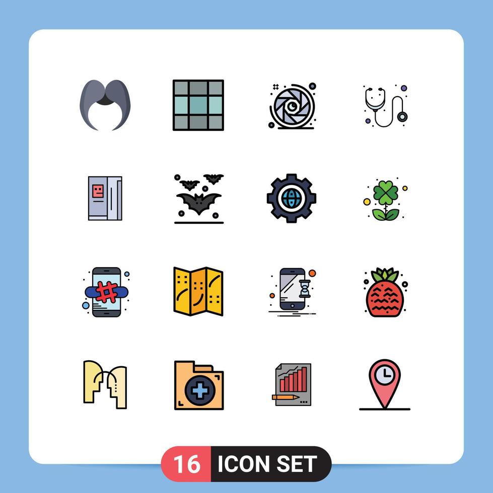 Group of 16 Flat Color Filled Lines Signs and Symbols for cooling fridge camera lens stethoscope hospital Editable Creative Vector Design Elements