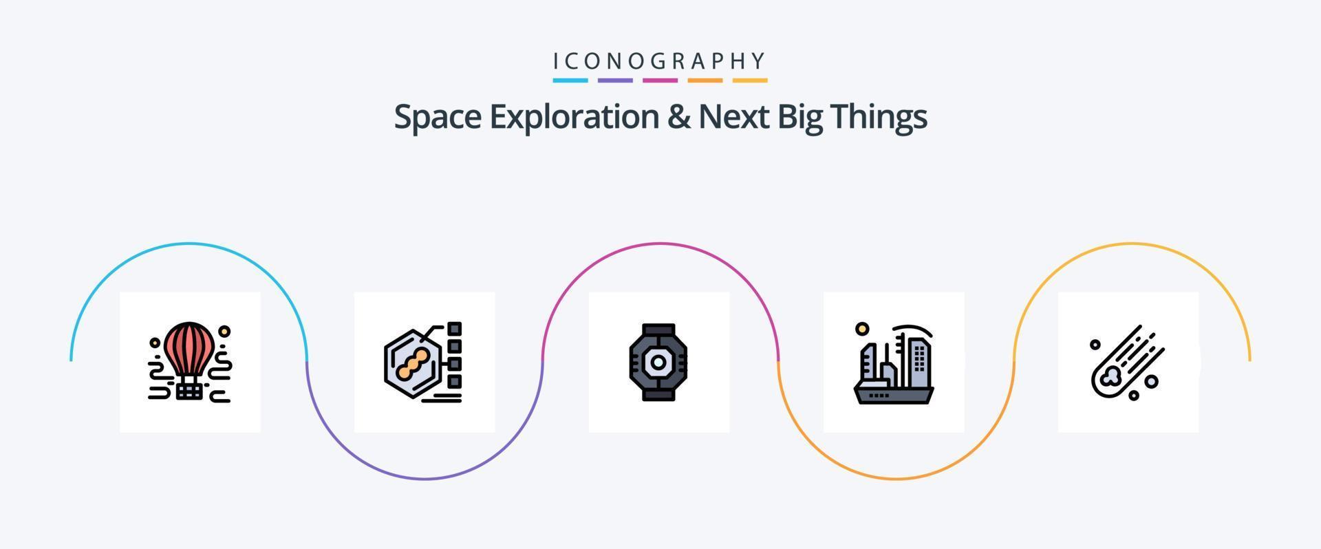 la exploración espacial y la próxima línea de grandes cosas llenaron el paquete de iconos planos 5 que incluye la colonia. ciudad. formulario. vaina. componente vector