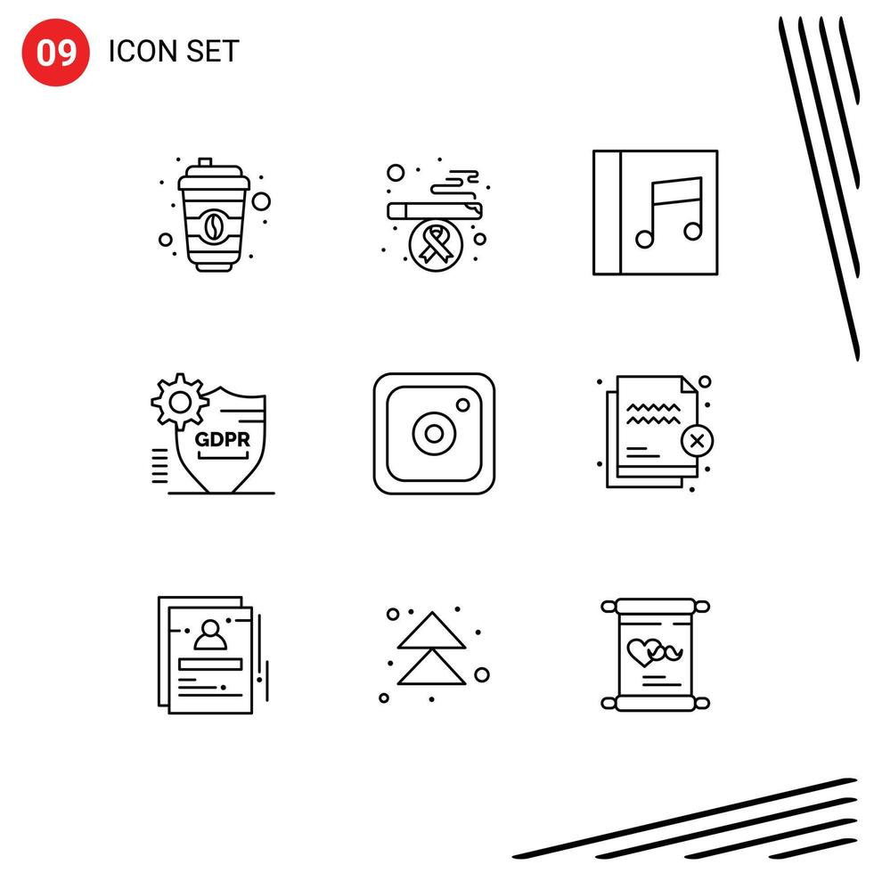 9 User Interface Outline Pack of modern Signs and Symbols of deny media music instagram secure Editable Vector Design Elements