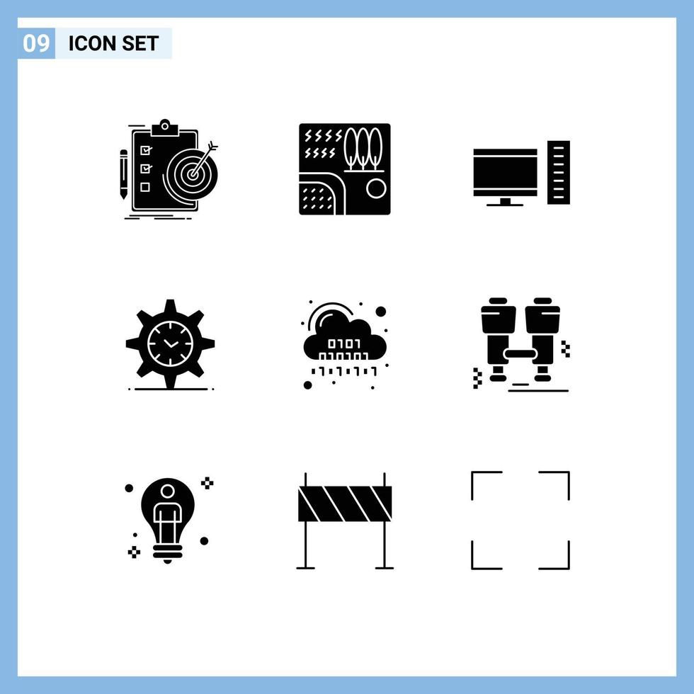 Pack of 9 creative Solid Glyphs of watch setting river gear pc Editable Vector Design Elements