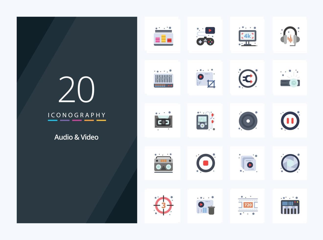 20 Audio And Video Flat Color icon for presentation vector