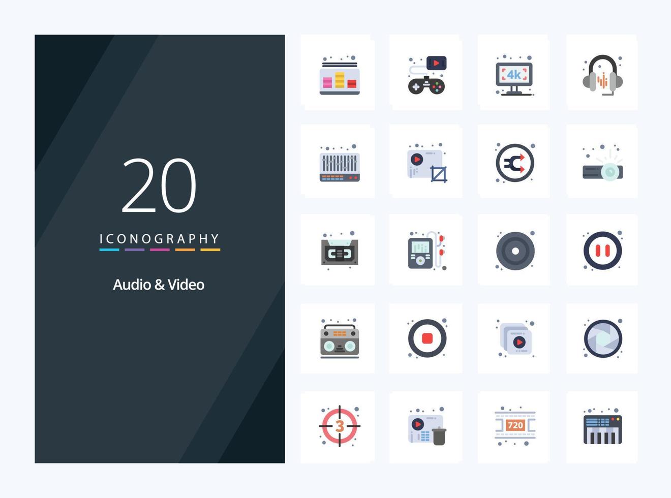20 iconos de color plano de audio y video para presentación vector