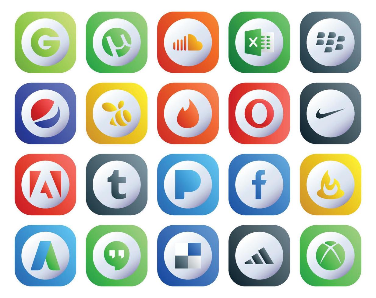 paquete de 20 iconos de redes sociales que incluye adwords facebook swarm pandora adobe vector