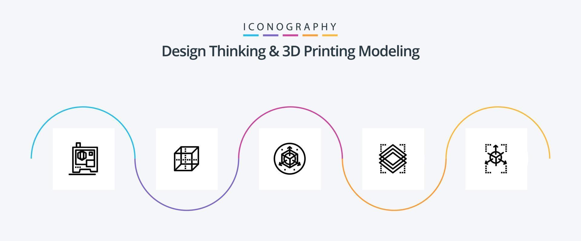 pensamiento de diseño y paquete de iconos de la línea 5 de modelado de impresión d, incluido el gráfico. red. modificación. prototipo. vector