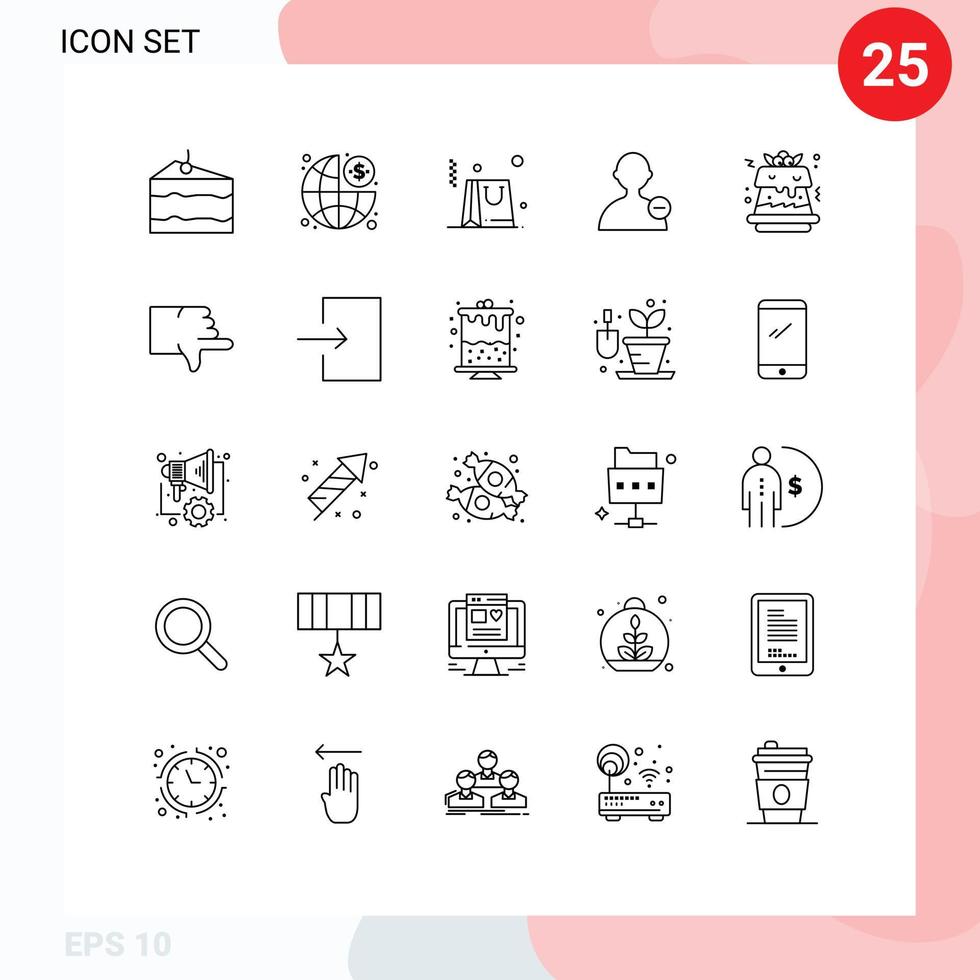 25 Universal Lines Set for Web and Mobile Applications dislike sweet bag cake interface Editable Vector Design Elements