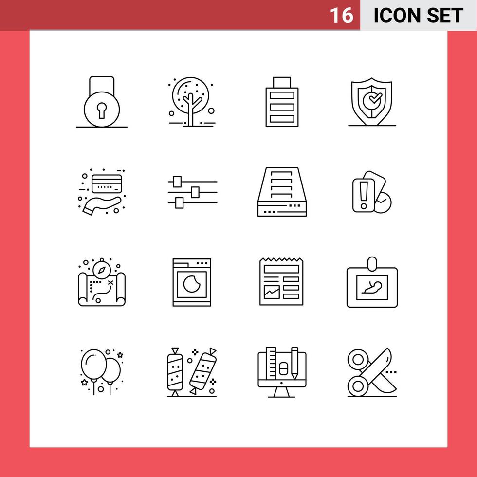paquete de 16 signos y símbolos de contornos modernos para medios de impresión web, como elementos de diseño de vectores editables bloqueados seguros de batería de seguridad de crédito