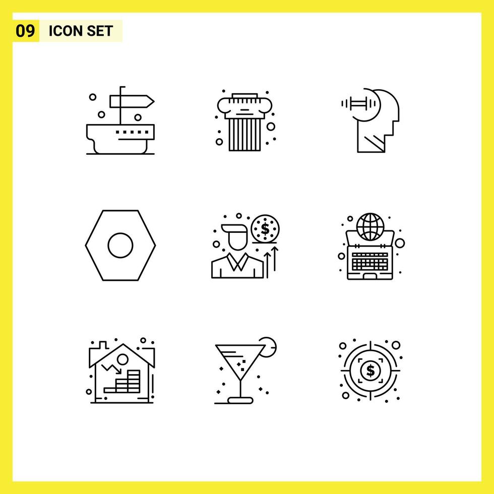 Set of 9 Vector Outlines on Grid for global investment brian businessman settings Editable Vector Design Elements