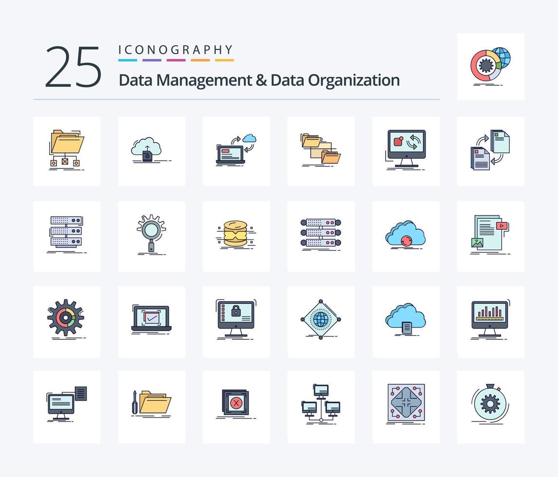 Data Management And Data Organization 25 Line Filled icon pack including management. folder. data. arrows. data vector