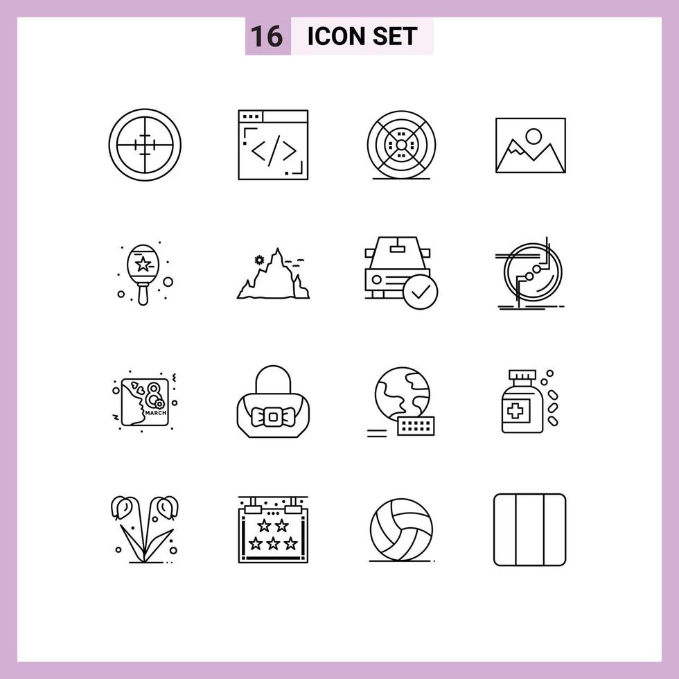 Set of 16 Modern UI Icons Symbols Signs for maracas photography film photographer landscape Editable Vector Design Elements