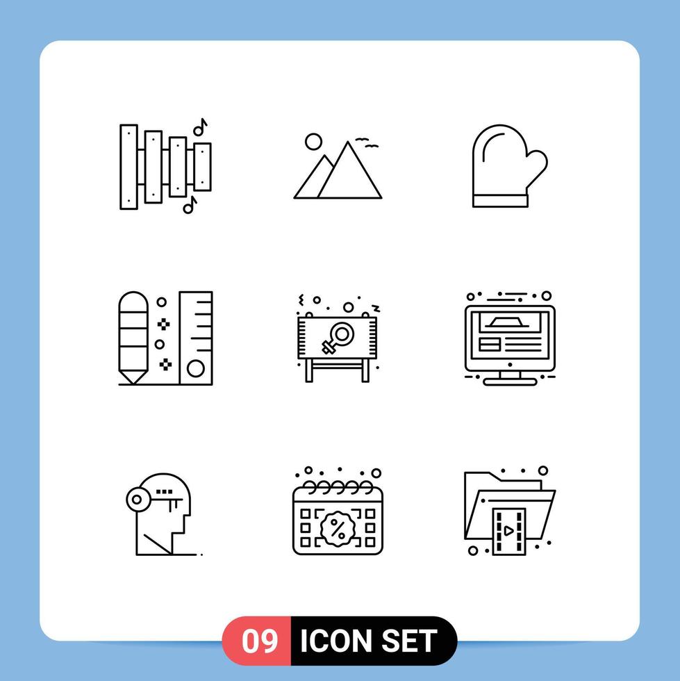 9 Universal Outline Signs Symbols of scale pencil glouve draw oven Editable Vector Design Elements