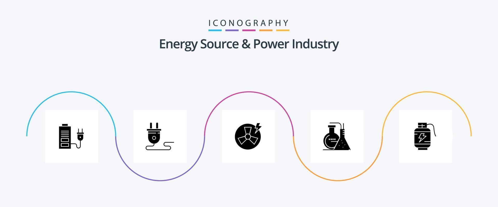 Energy Source And Power Industry Glyph 5 Icon Pack Including acumulator. lab. reaction. factory vector