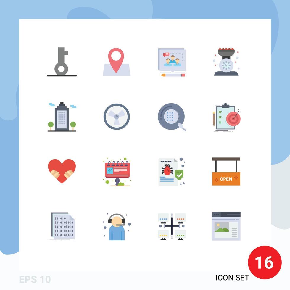 paquete de 16 signos y símbolos de colores planos modernos para medios de impresión web, como análisis de cocina a escala, debate de cocina, paquete editable de elementos creativos de diseño de vectores