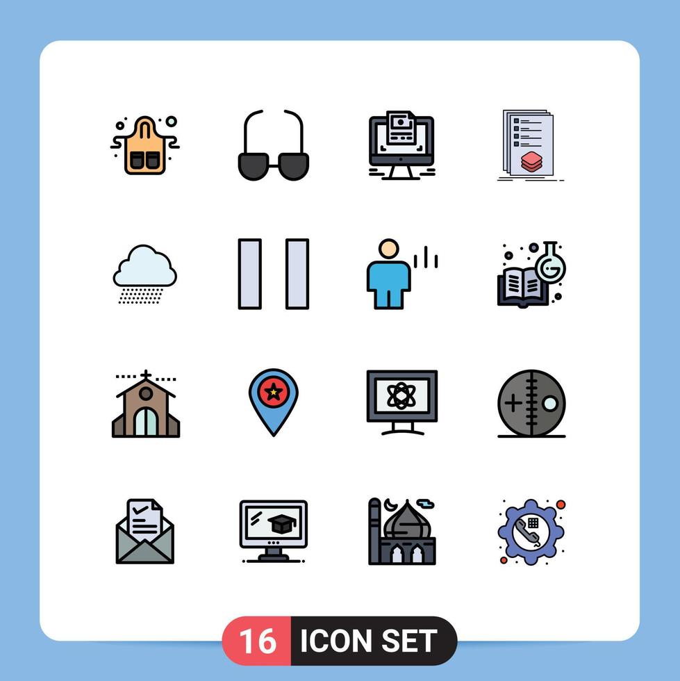 Universal Icon Symbols Group of 16 Modern Flat Color Filled Lines of sky rain listing screen list categories Editable Creative Vector Design Elements