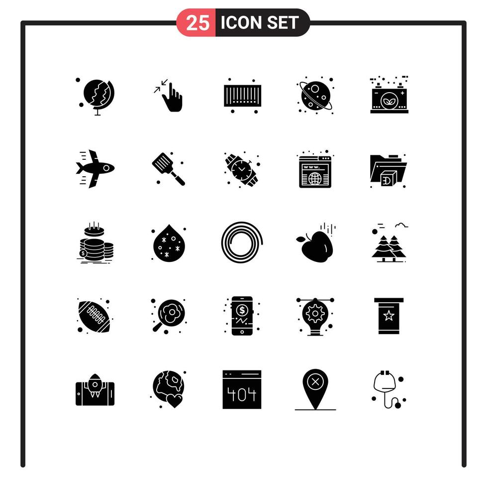 25 Universal Solid Glyphs Set for Web and Mobile Applications power eco bar battery star Editable Vector Design Elements