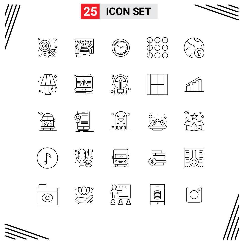 Line Pack of 25 Universal Symbols of padlock internet watch global pattern Editable Vector Design Elements