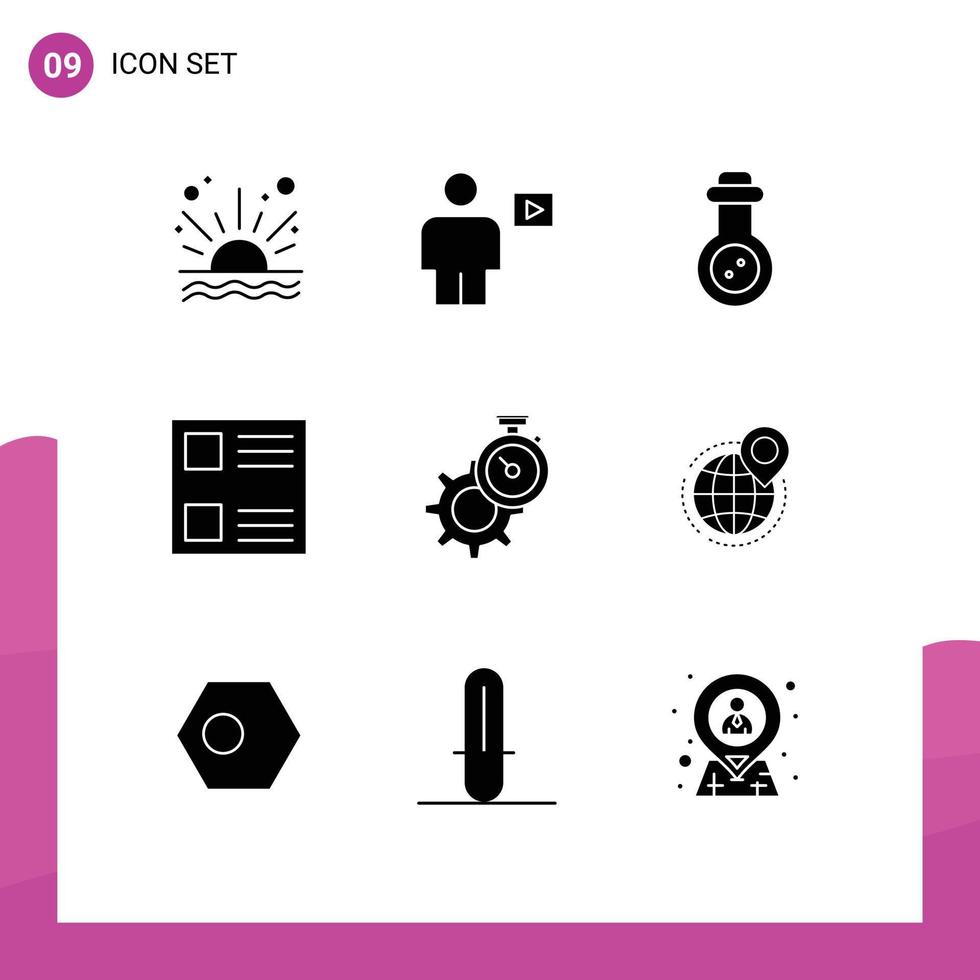 9 Thematic Vector Solid Glyphs and Editable Symbols of gear timer video list checkbox Editable Vector Design Elements