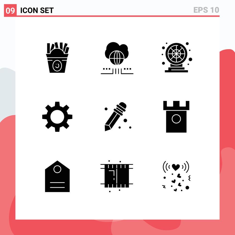 Universal Icon Symbols Group of 9 Modern Solid Glyphs of ancient pencil wheel gear romz Editable Vector Design Elements