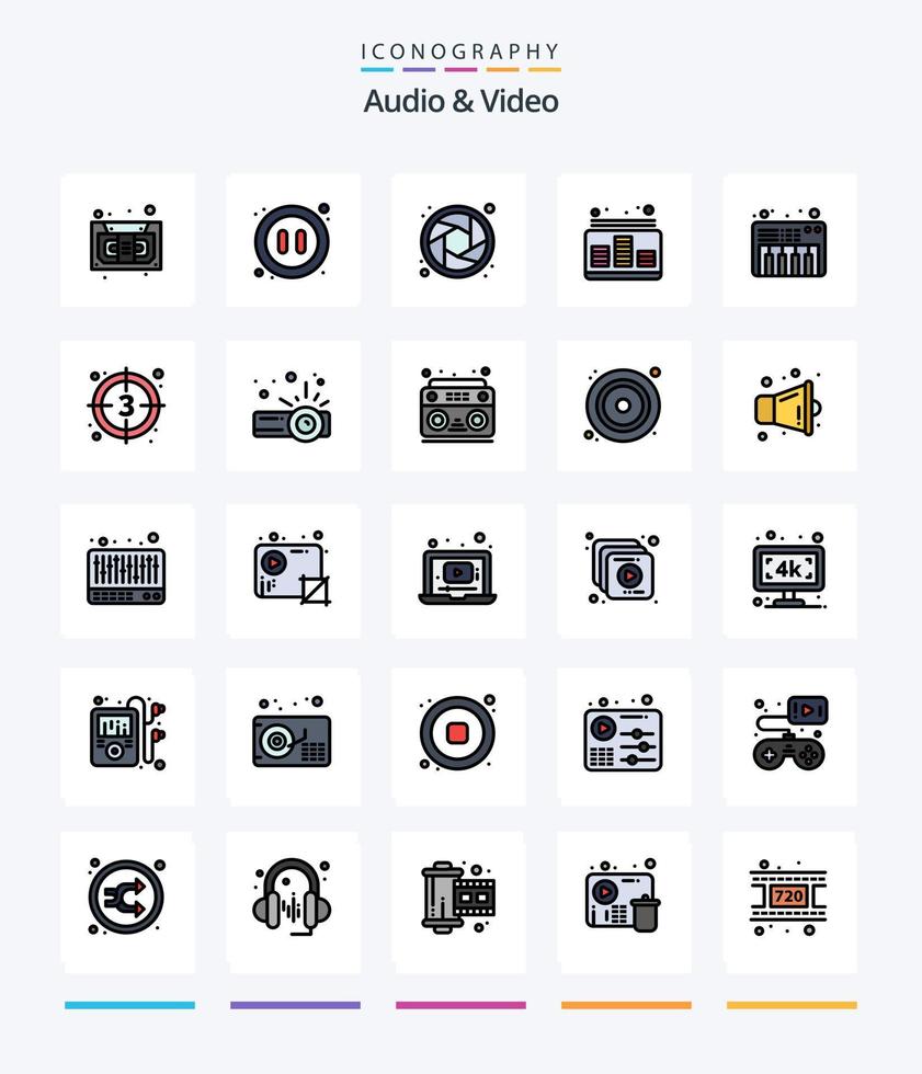 Creative Audio And Video 25 Line FIlled icon pack  Such As piano. sound. camera. music. control vector