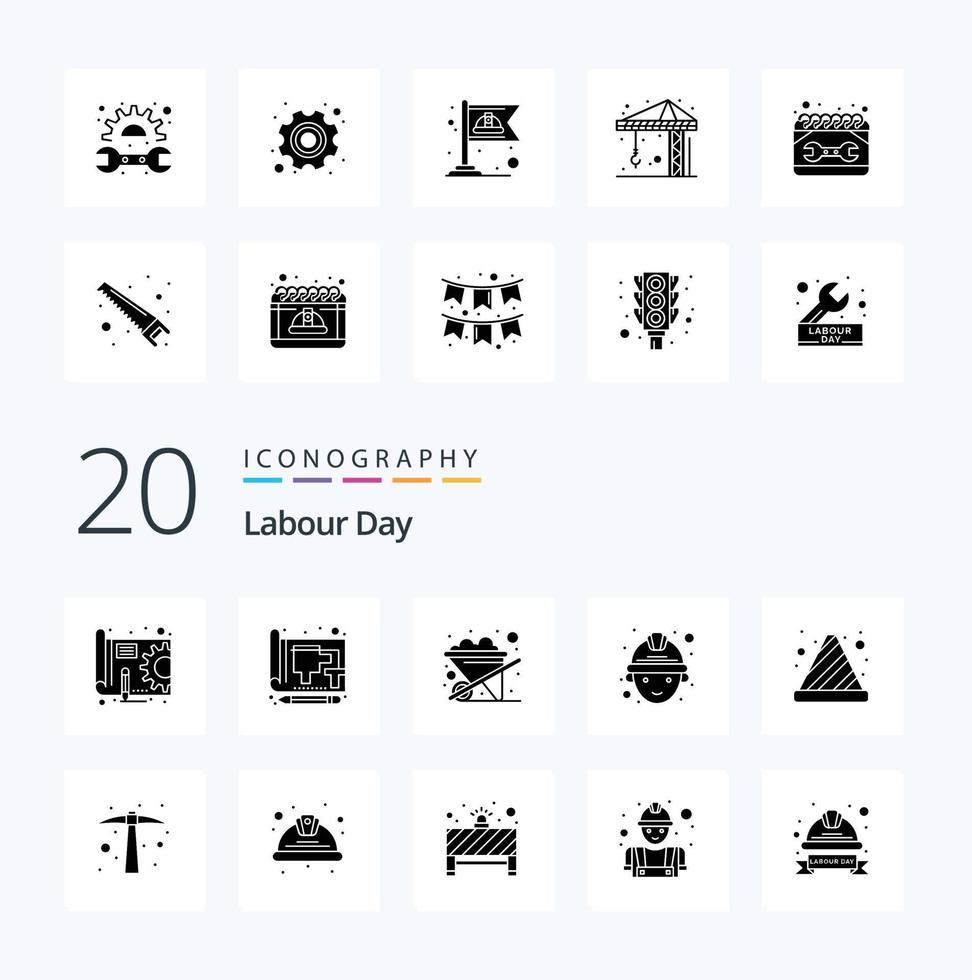 20 Labour Day Solid Glyph icon Pack like stop cone print worker labour vector