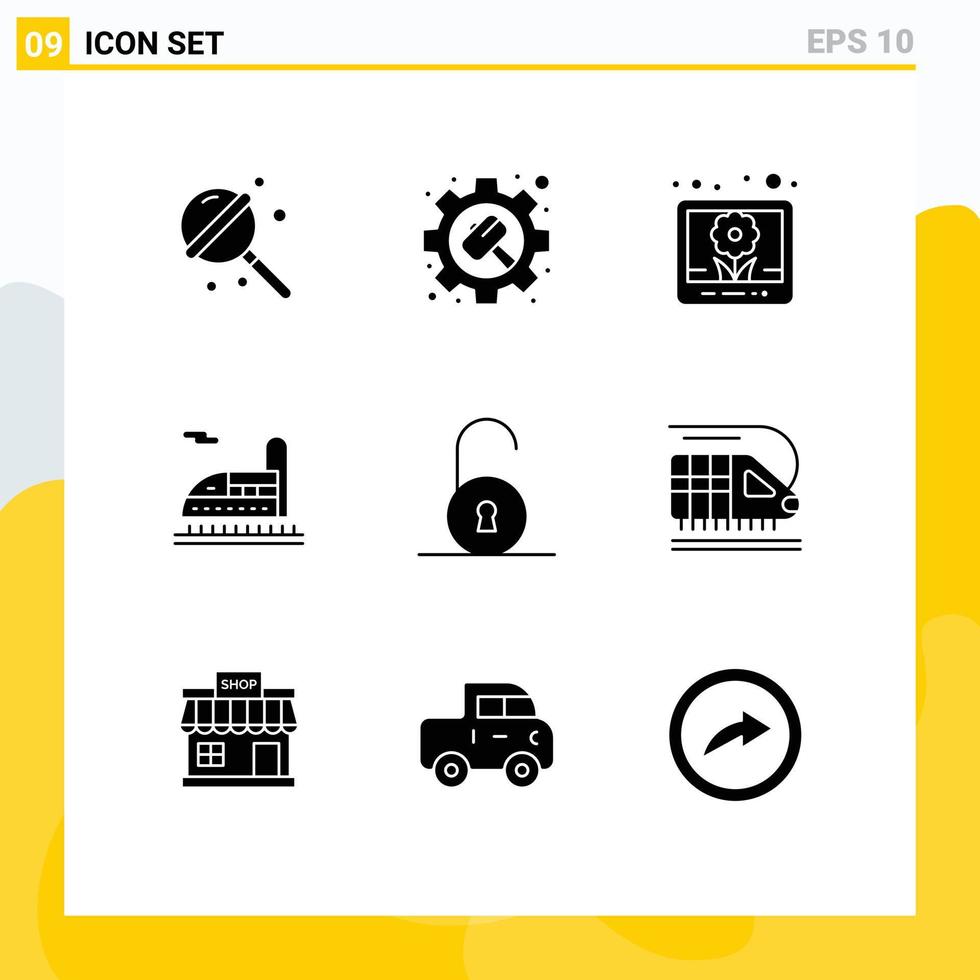 9 User Interface Solid Glyph Pack of modern Signs and Symbols of train circular image unlocked transport Editable Vector Design Elements