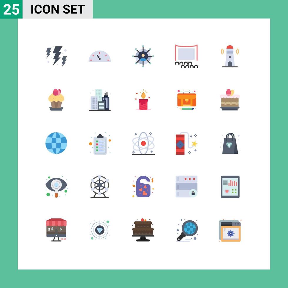 Flat Color Pack of 25 Universal Symbols of tower building networking beach crowd Editable Vector Design Elements