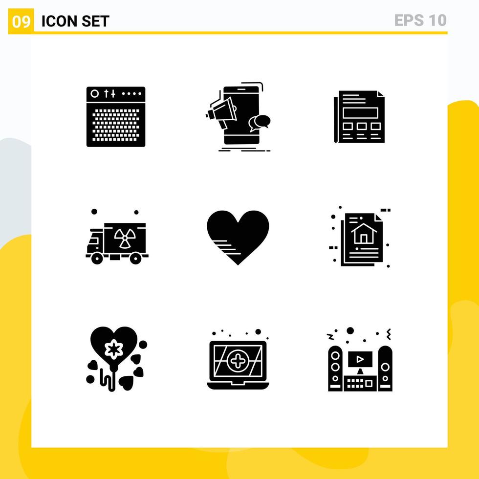 9 Creative Icons Modern Signs and Symbols of heart pollution megaphone gas sheet Editable Vector Design Elements
