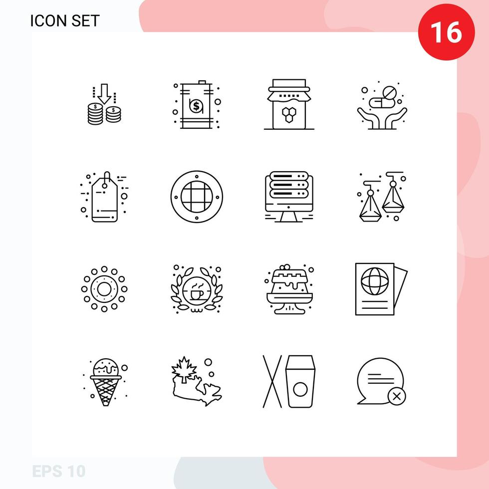 Group of 16 Outlines Signs and Symbols for care pills money medicine sweet Editable Vector Design Elements