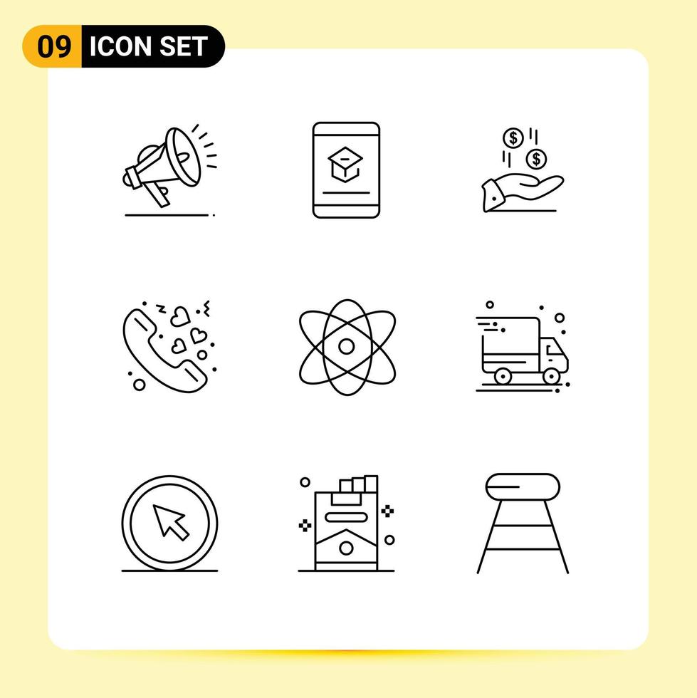 Pack of 9 Modern Outlines Signs and Symbols for Web Print Media such as atom romance hand love charity Editable Vector Design Elements