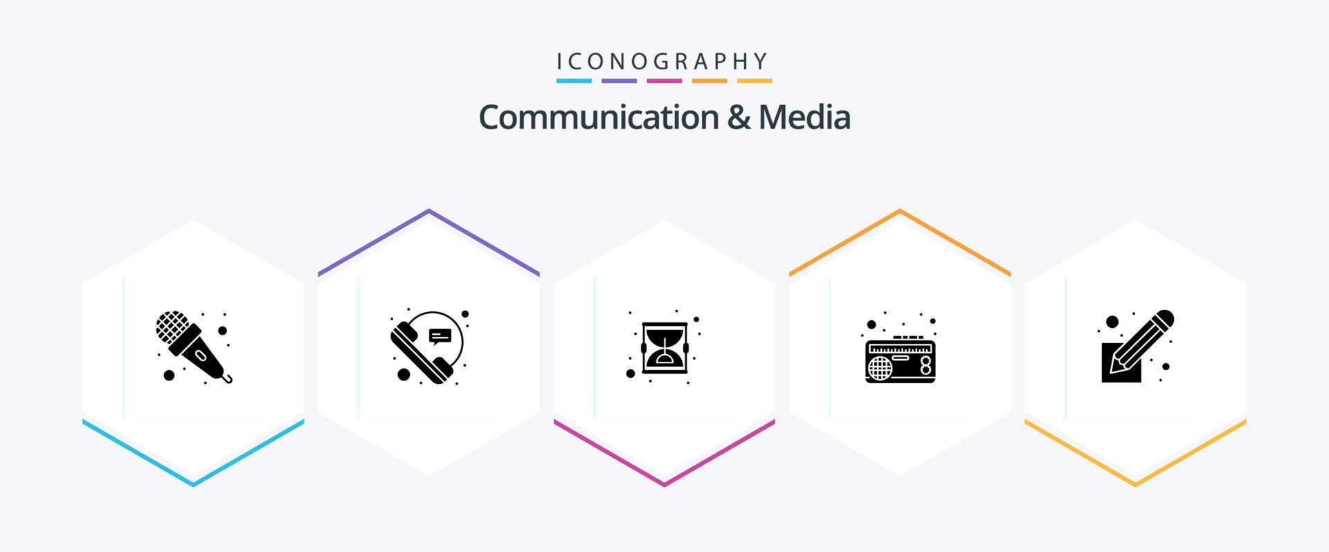 paquete de iconos de 25 glifos de comunicación y medios que incluye audio. Cinta. discurso. radio. reloj de arena vector